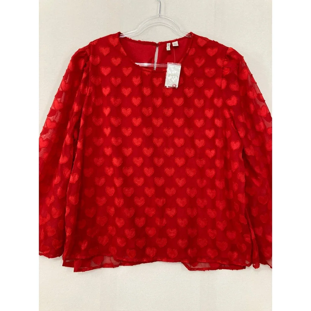 New Cato Heart Print Blouse XL Red Textured Valentine Romantic Long Sleeve